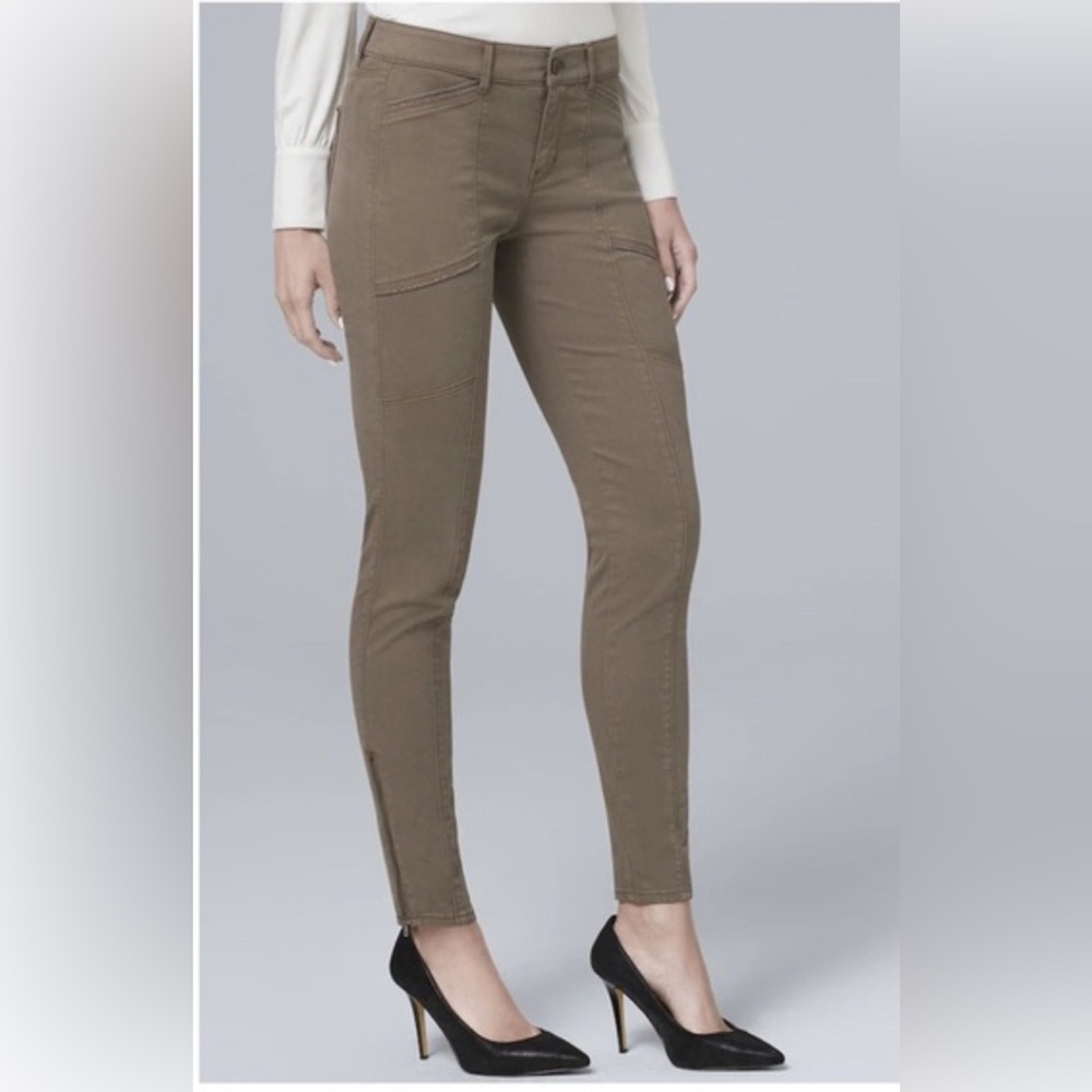 EUC- White House Black Market Mid-Rise Ball-Chain Skinny Ankle Jeans Olive Fog